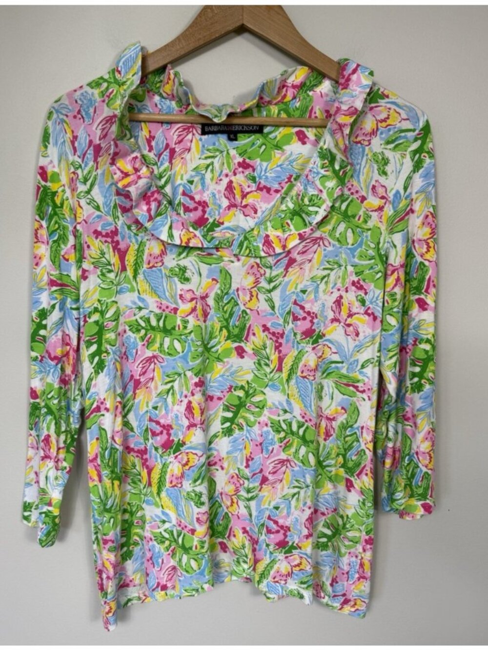 Barbara Erickson Top Womens XL Tropical Print V-Neck 3/4 Sleeve Cotton Preppy